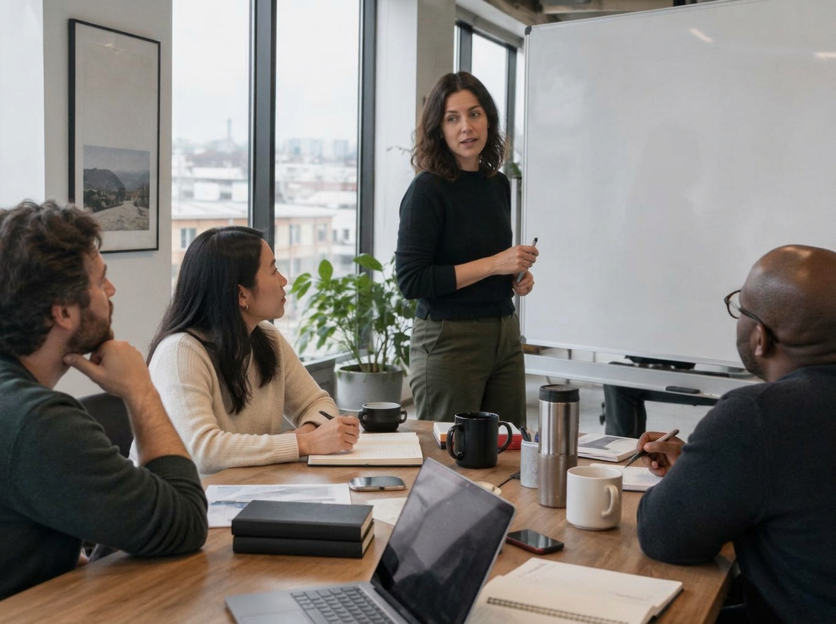 A leadership team working through organizational priorities in a bright office