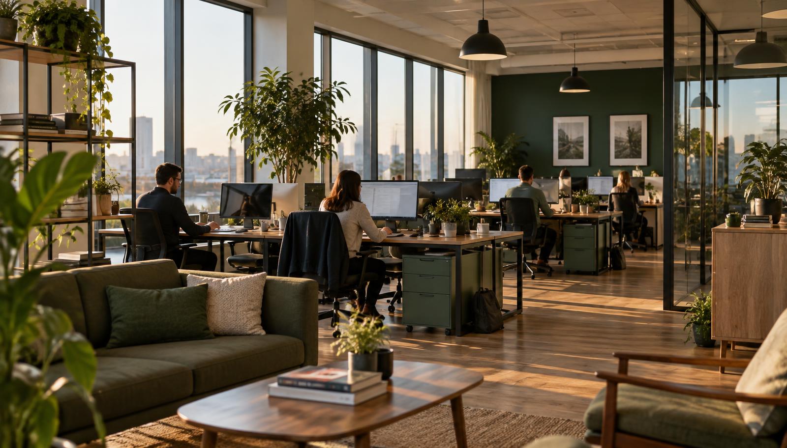 A calm modern office with employees at work