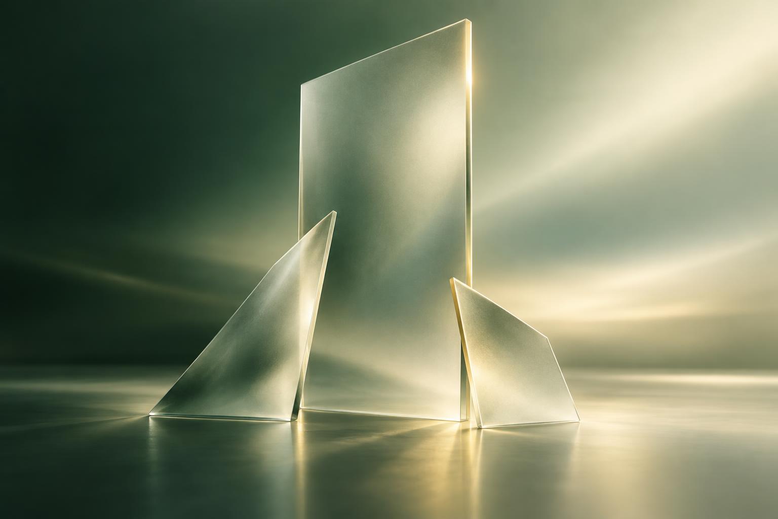 A tall translucent glass pane rising with smaller shards, over a deep green and ivory gradient